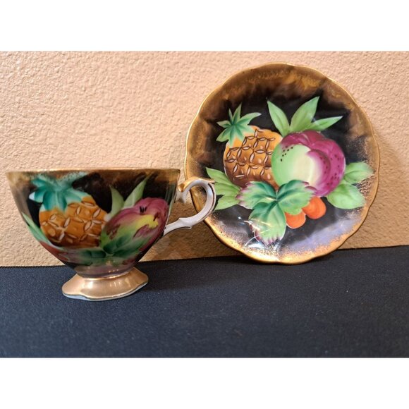 Vintage  Shafford Japan Porcelain Tea Cup & Saucer Fruit  Pinapple Black & Gold - Picture 1 of 11